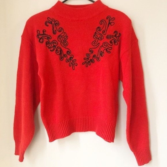 Vintage 80s Retro Knit Padded Shoulder Sweater Red - Picture 5 of 8